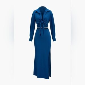 Ribbed Knot Front Blouse And Slit Skirt Set